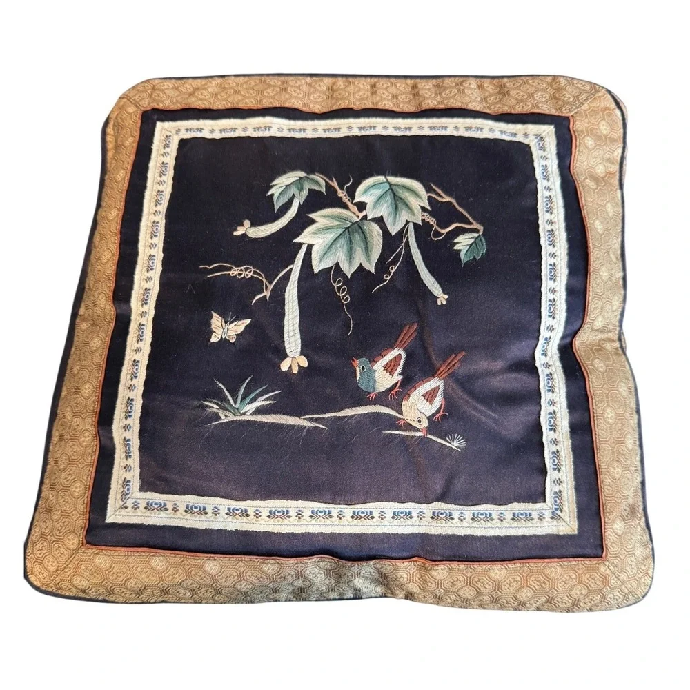 Vintage 100% Silk Embroidered Pillow Cover Bird Butterfly Chinoiserie Black Gold
